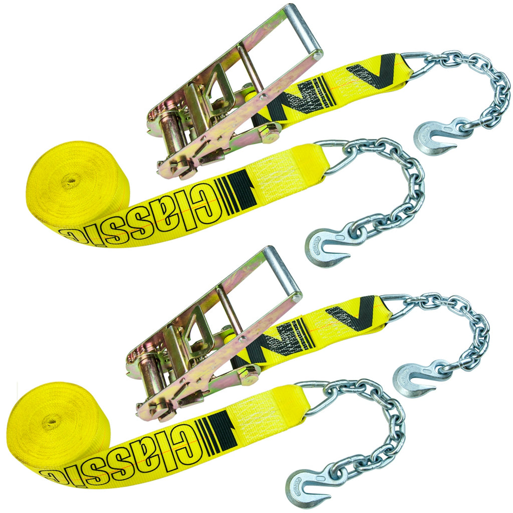 VULCAN Ratchet Strap with Chain Anchors - 3 Inch x 30 Foot - 2 Pack - Classic Yellow - 5,000 Pound Safe Working Load