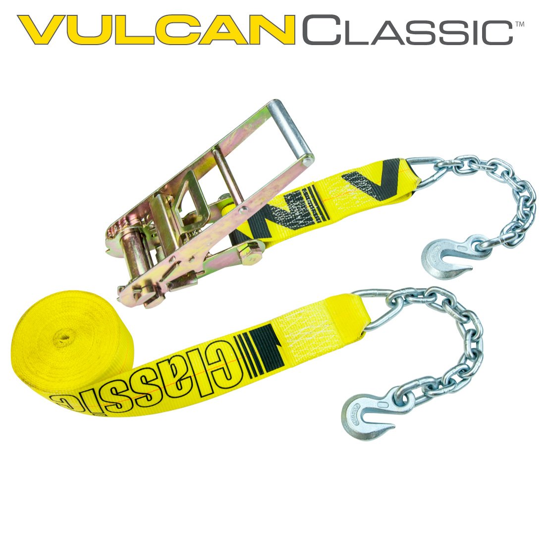 VULCAN Ratchet Strap with Chain Anchors - 3 Inch x 30 Foot - Classic Yellow - 5,000 Pound Safe Working Load