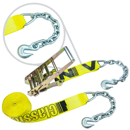 VULCAN Ratchet Strap with Chain Anchors - 3 Inch x 30 Foot - Classic Yellow - 5,000 Pound Safe Working Load