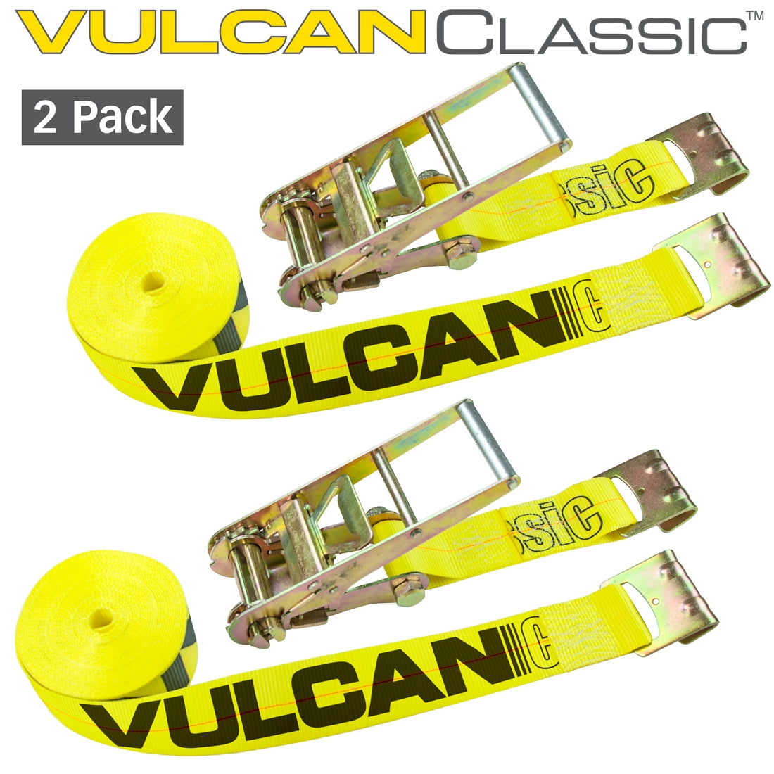 VULCAN Ratchet Strap with Flat Hooks - 3 Inch x 30 Foot - 2 Pack - Classic Yellow - 5,000 Pound Safe Working Load