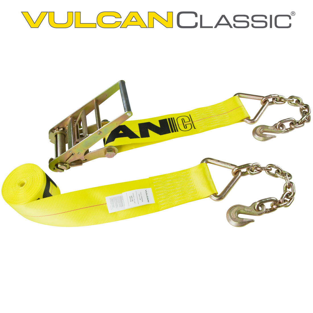 VULCAN Ratchet Strap with Chain Anchors - 4 Inch x 50 Foot - Classic Yellow - 5,400 Pound Safe Working Load