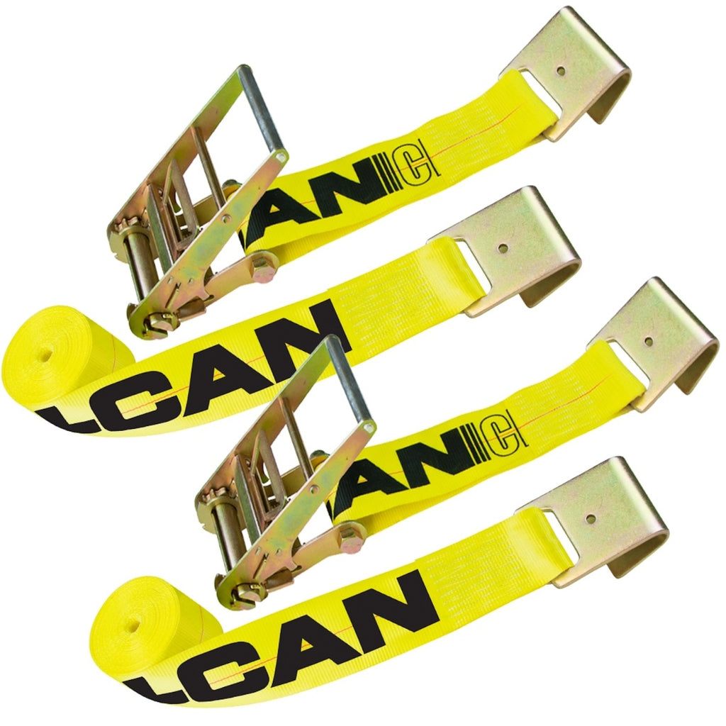 VULCAN Ratchet Strap with Flat Hooks - 4 Inch x 27 Foot - 2 Pack - Classic Yellow - 5,400 Pound Safe Working Load