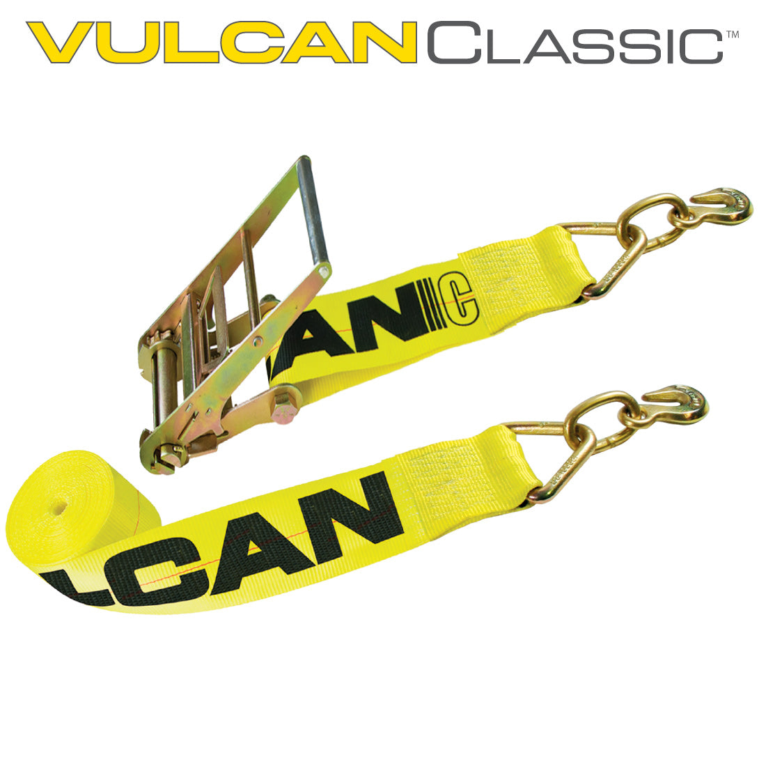 VULCAN Ratchet Strap with Grab Hooks - 4 Inch x 27 Foot - Classic Yellow - 5,400 Pound Safe Working Load