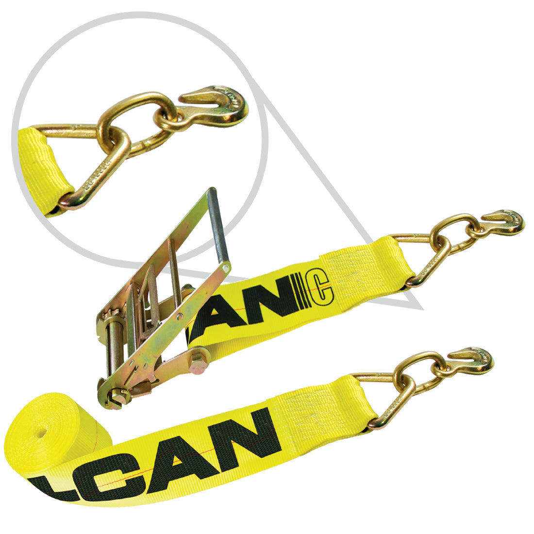 VULCAN Ratchet Strap with Grab Hooks - 4 Inch x 27 Foot - Classic Yellow - 5,400 Pound Safe Working Load