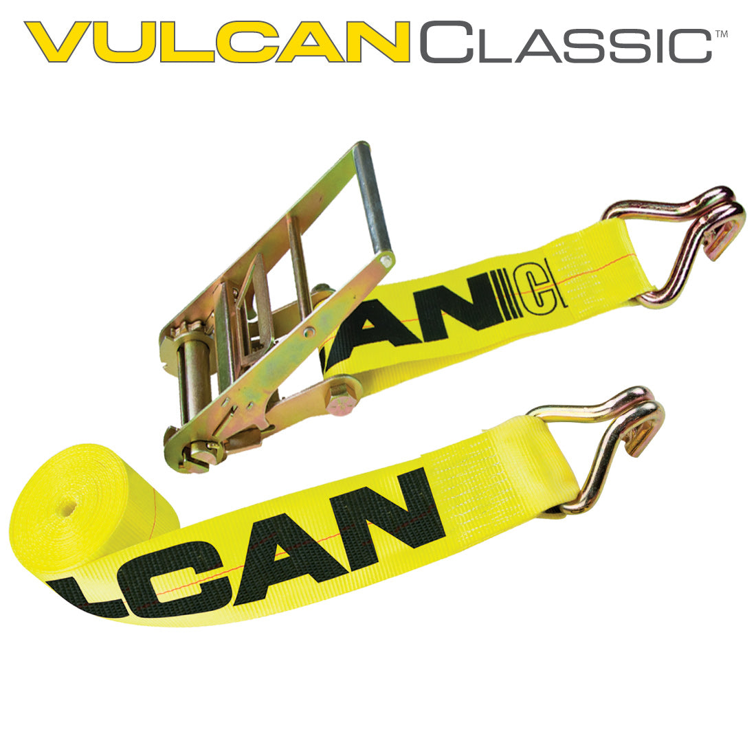 VULCAN Ratchet Strap with Wire Hooks - 4 Inch x 27 Foot - Classic Yellow - 5,400 Pound Safe Working Load