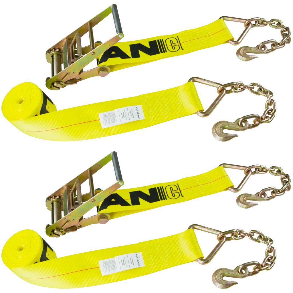 VULCAN Ratchet Strap with Chain Anchors - 4 Inch x 30 Foot - Classic Yellow - 5,400 Pound Safe Working Load