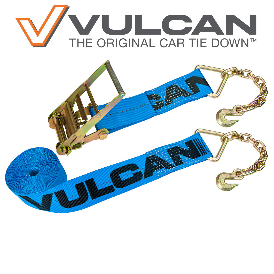 VULCAN Ratchet Strap with Chain Anchors - 4 Inch x 30 Foot - 6,600 Pound Safe Working Load