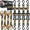 VULCAN Ratchet Strap Tie Down Kit - 1.6" x 8' - 3X Stronger Than 1" Tie Downs - Camouflage - (4) Ratchets With Rubber Handles, (4) 8' Straps With Latching S-Hooks, (4) Soft Loop Tie-Down Extensions