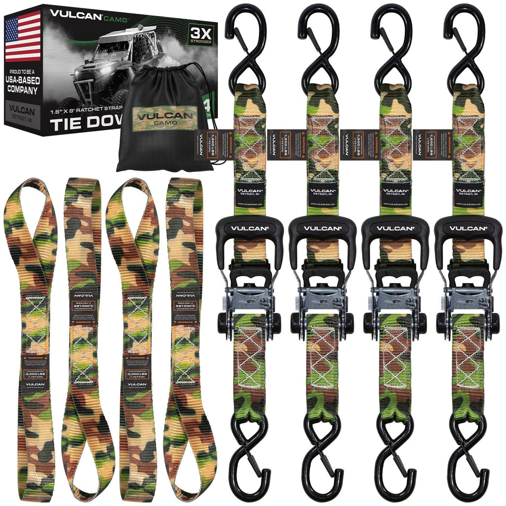 VULCAN Ratchet Strap Tie Down Kit - 1.6" x 8' - 3X Stronger Than 1" Tie Downs - Ratchets With Rubber Handles, (4) 8' Straps With Latching S-Hooks, (4) Soft Loop Tie-Down Extensions
