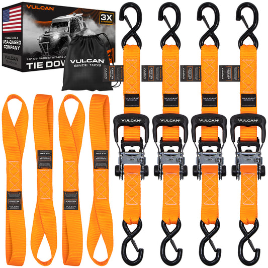 VULCAN Ratchet Strap Tie Down Kit - 1.6" x 8' - 3X Stronger Than 1" Tie Downs - Orange - (4) Ratchets With Rubber Handles, (4) 8' Straps With Latching S-Hooks, (4) Soft Loop Tie-Down Extensions