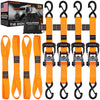 VULCAN Ratchet Strap Tie Down Kit - 1.6" x 8' - 3X Stronger Than 1" Tie Downs - Ratchets With Rubber Handles, (4) 8' Straps With Latching S-Hooks, (4) Soft Loop Tie-Down Extensions