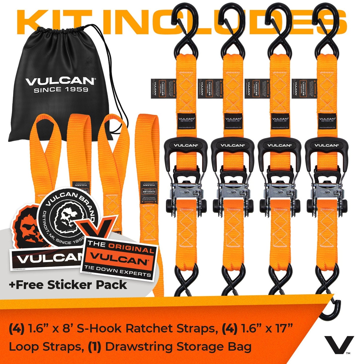 VULCAN Ratchet Strap Tie Down Kit - 1.6" x 8' - 3X Stronger Than 1" Tie Downs - Ratchets With Rubber Handles, (4) 8' Straps With Latching S-Hooks, (4) Soft Loop Tie-Down Extensions