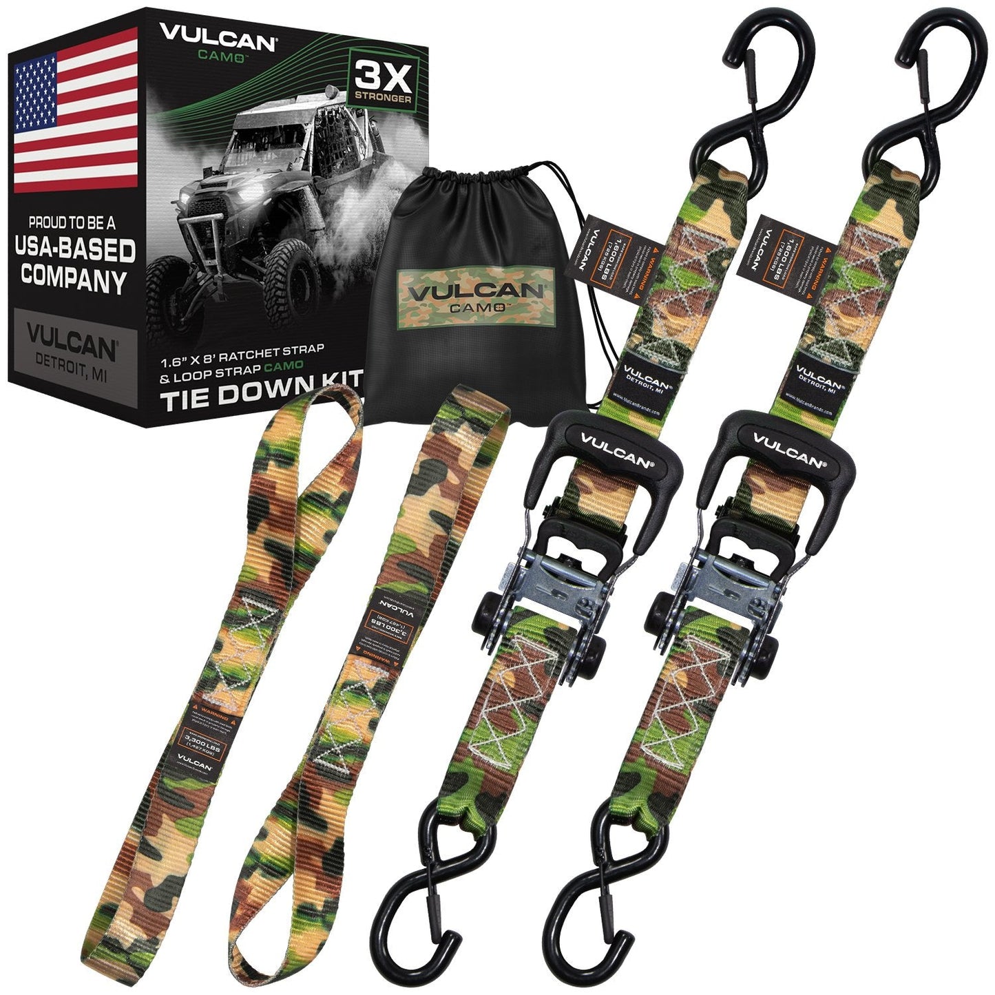 VULCAN Ratchet Strap Tie Down Kit - 1.6" x 8' - 3X Stronger Than 1" Tie Downs - Ratchets With Rubber Handles, (2) 8' Straps With Latching S-Hooks, (2) Soft Loop Tie-Down Extensions