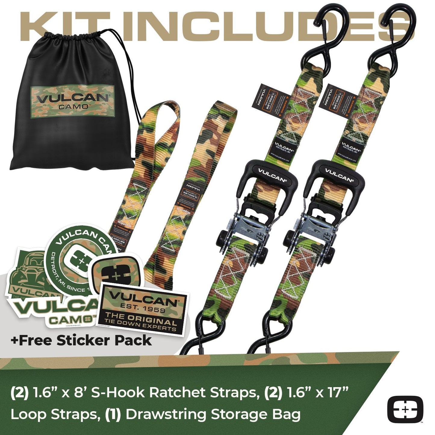 VULCAN Ratchet Strap Tie Down Kit - 1.6" x 8' - 3X Stronger Than 1" Tie Downs - Ratchets With Rubber Handles, (2) 8' Straps With Latching S-Hooks, (2) Soft Loop Tie-Down Extensions