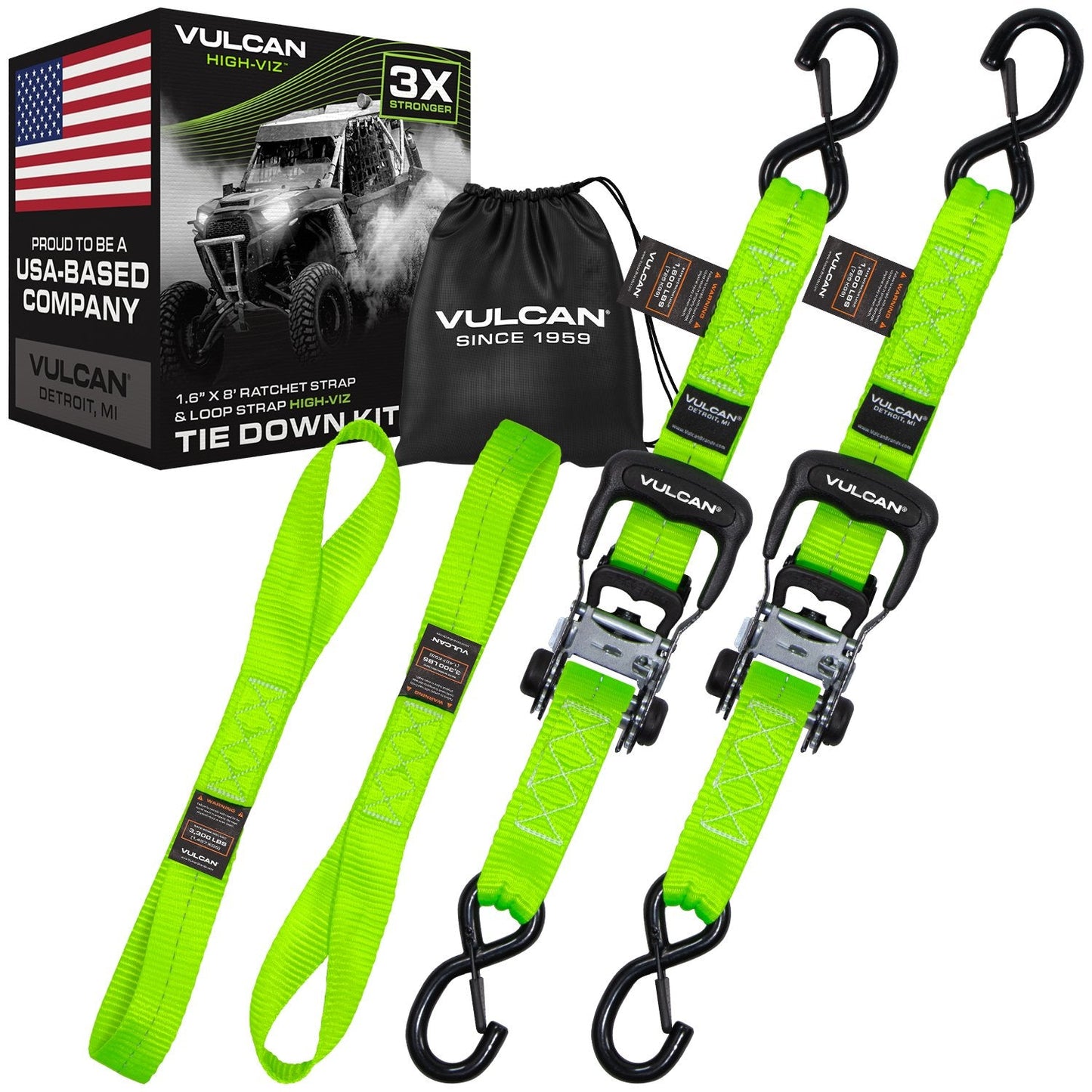 VULCAN Ratchet Strap Tie Down Kit - 1.6" x 8' - 3X Stronger Than 1" Tie Downs - Ratchets With Rubber Handles, (2) 8' Straps With Latching S-Hooks, (2) Soft Loop Tie-Down Extensions