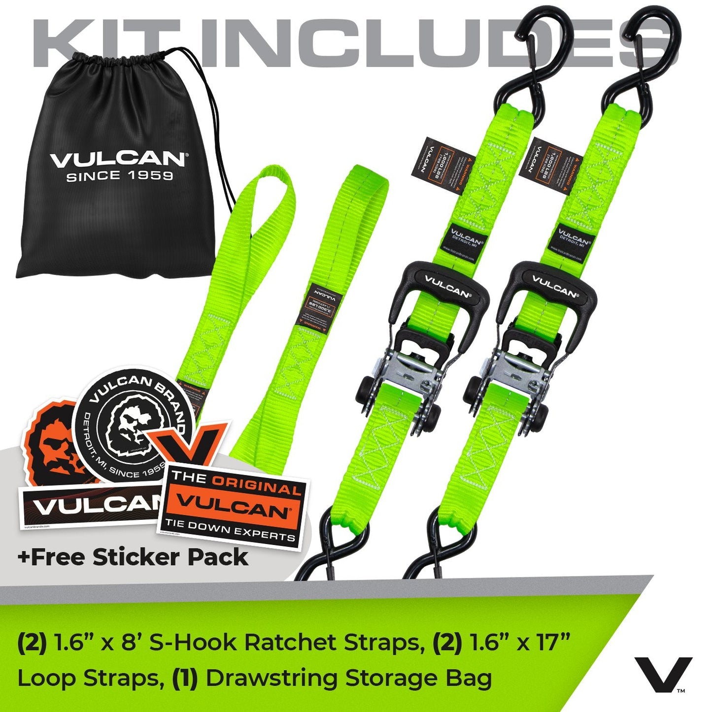 VULCAN Ratchet Strap Tie Down Kit - 1.6" x 8' - 3X Stronger Than 1" Tie Downs - Ratchets With Rubber Handles, (2) 8' Straps With Latching S-Hooks, (2) Soft Loop Tie-Down Extensions