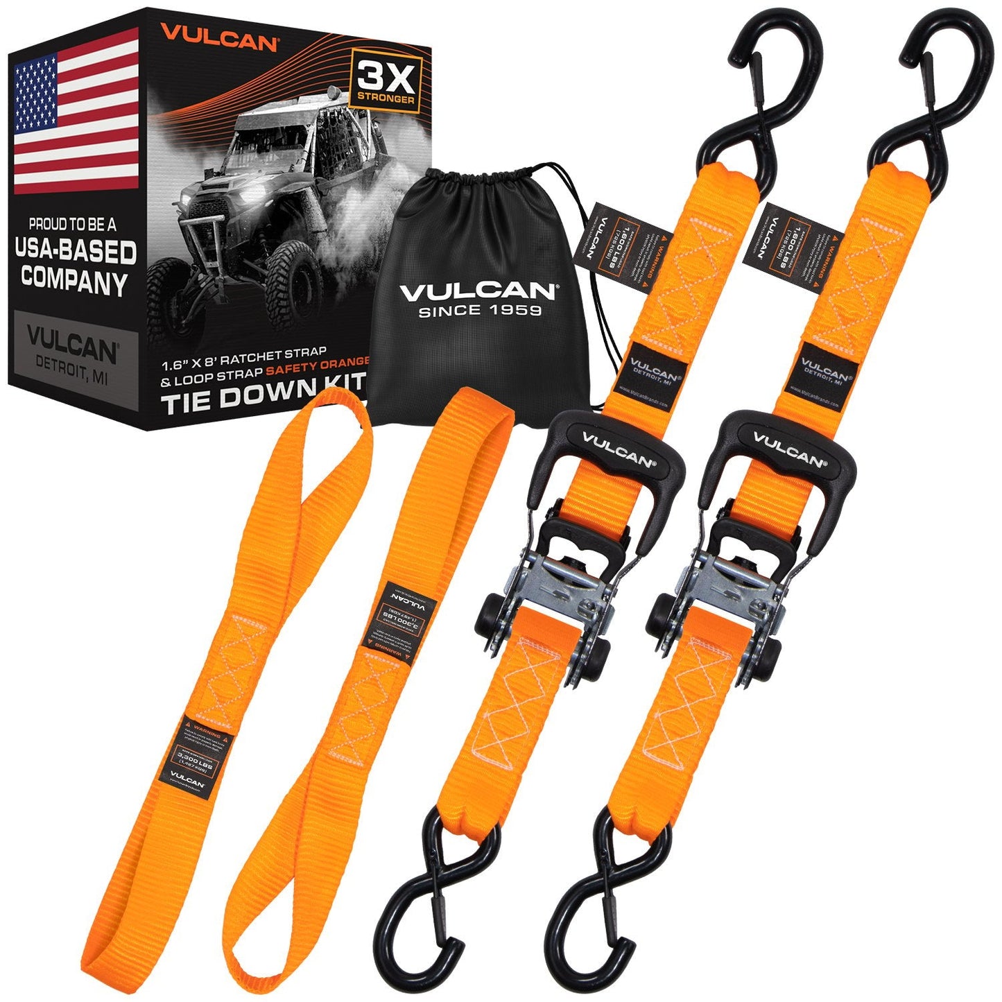VULCAN Ratchet Strap Tie Down Kit - 1.6" x 8' - 3X Stronger Than 1" Tie Downs - Ratchets With Rubber Handles, (2) 8' Straps With Latching S-Hooks, (2) Soft Loop Tie-Down Extensions