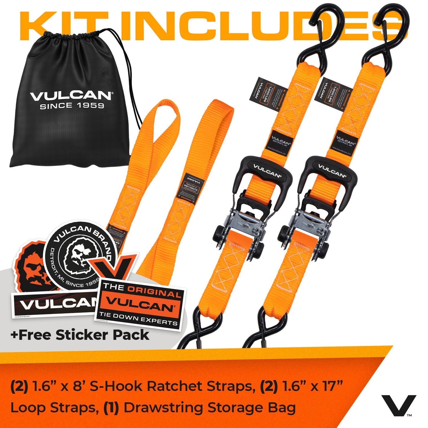 VULCAN Ratchet Strap Tie Down Kit - 1.6" x 8' - 3X Stronger Than 1" Tie Downs - Ratchets With Rubber Handles, (2) 8' Straps With Latching S-Hooks, (2) Soft Loop Tie-Down Extensions