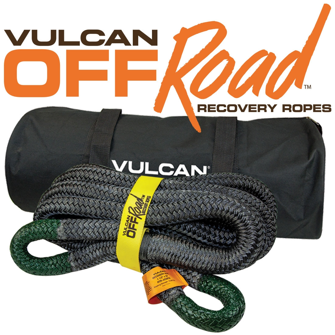 VULCAN Off-Road Recovery Rope - 1-1/2 Inch x 30 Foot - Green Eyes - 74,000 Pound Breaking Strength - Includes Vented Storage Bag