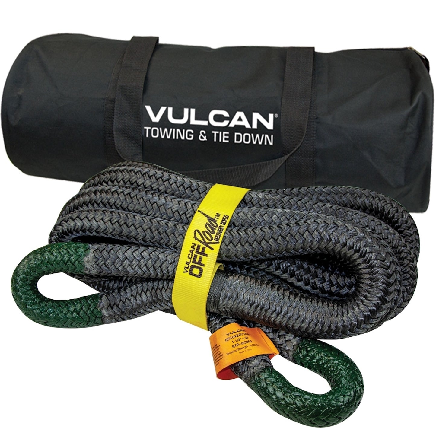 VULCAN Off-Road Recovery Rope - 1-1/2 Inch x 30 Foot - Green Eyes - 74,000 Pound Breaking Strength - Includes Vented Storage Bag