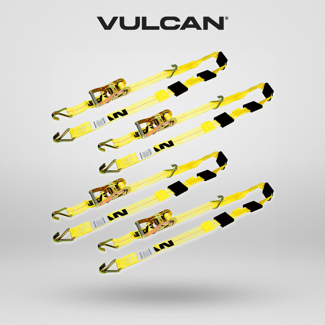 VULCAN Autohauler Car Tie Down with J Hooks - Sliding Idler 3-Cleat - 120 Inch - 4 Pack - Classic Yellow - 1,600 Pound Safe Working Load