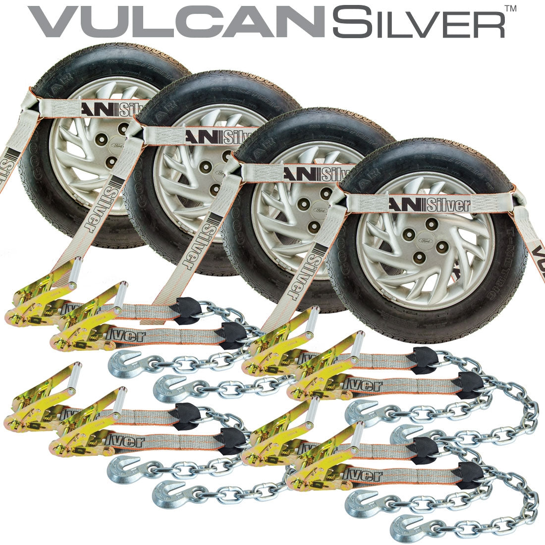 VULCAN Car Tie Down with Chain Anchors - Side Rail - 4 Pack - Silver Series - 3,300 Pound Safe Working Load