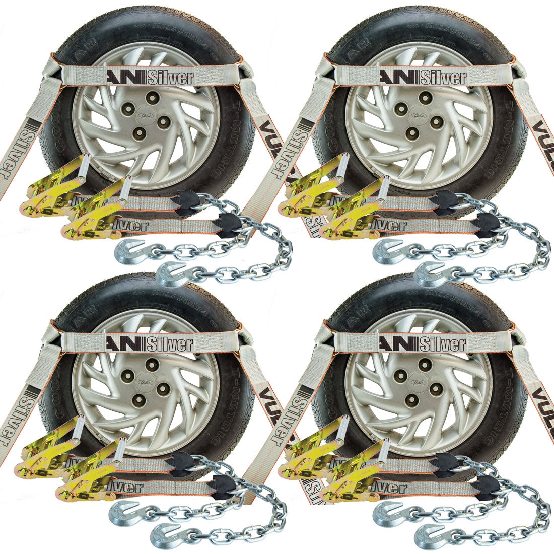 VULCAN Car Tie Down with Chain Anchors - Side Rail - 4 Pack - Silver Series - 3,300 Pound Safe Working Load