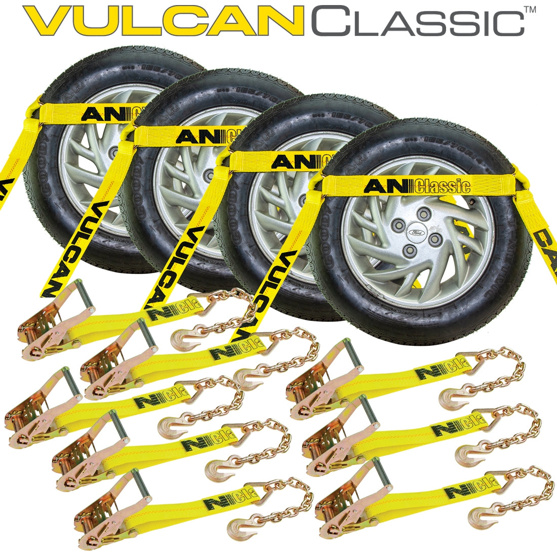 VULCAN Car Tie Down with Chain Anchors - Flat Bed Side Rail - 4 Pack - Classic Yellow - 3,300 Pound Safe Working Load