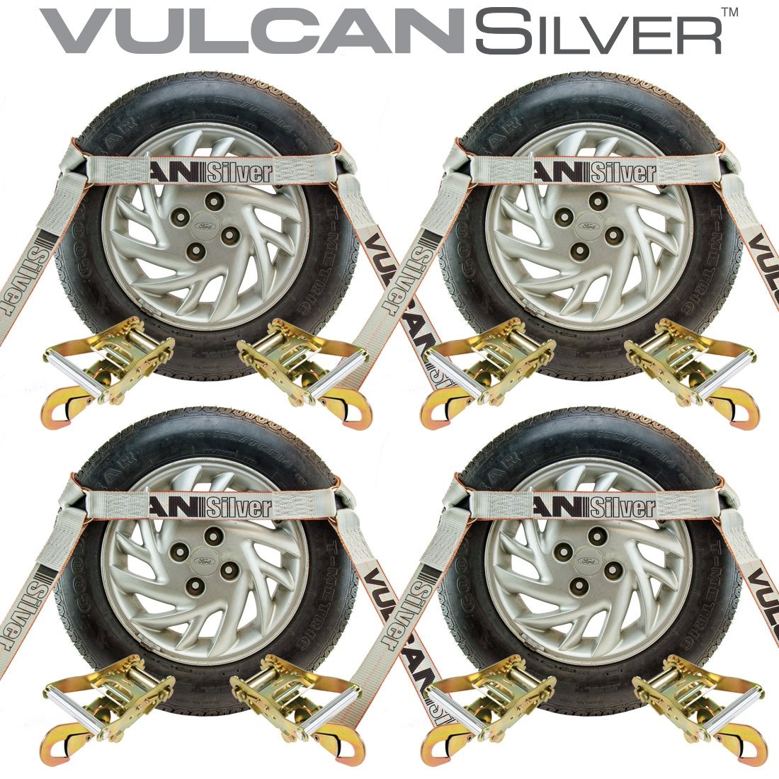 VULCAN Car Tie Down with Snap Hooks - Side Rail - 4 Pack - Silver Series - 3,300 Pound Safe Working Load