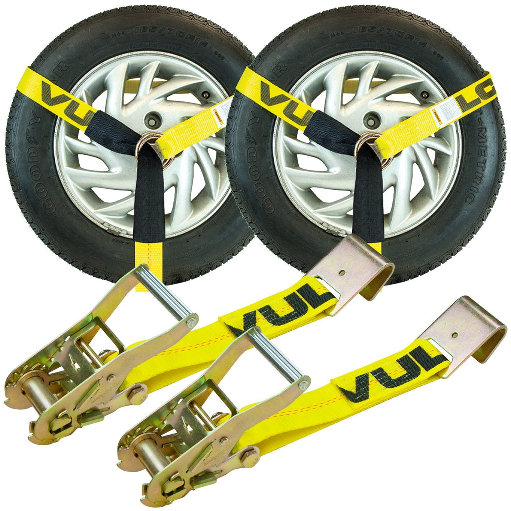 VULCAN Car Tie Down - Flat Hooks - Lasso Style - 2 Inch x 96 Inch - 3,300 Pound Safe Working Load