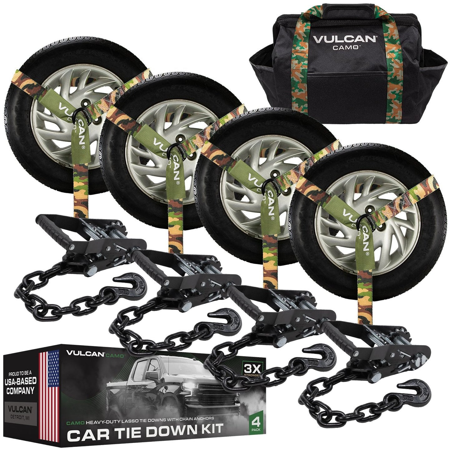 VULCAN Car Tie Down with Chain Anchors - Lasso Style - 2 Inch x 96 Inch - 3,300 Pound Safe Working Load