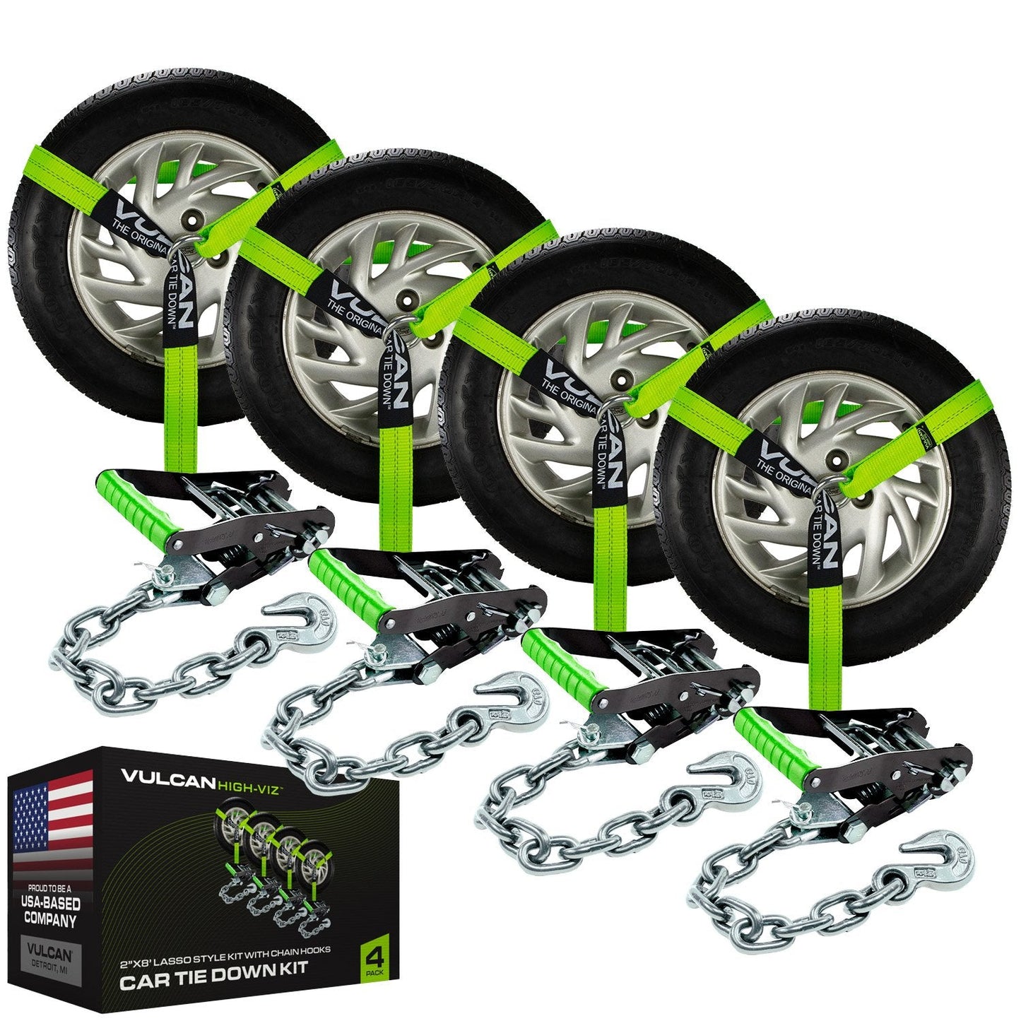 VULCAN Car Tie Down with Chain Anchors - Lasso Style - 2 Inch x 96 Inch - 3,300 Pound Safe Working Load