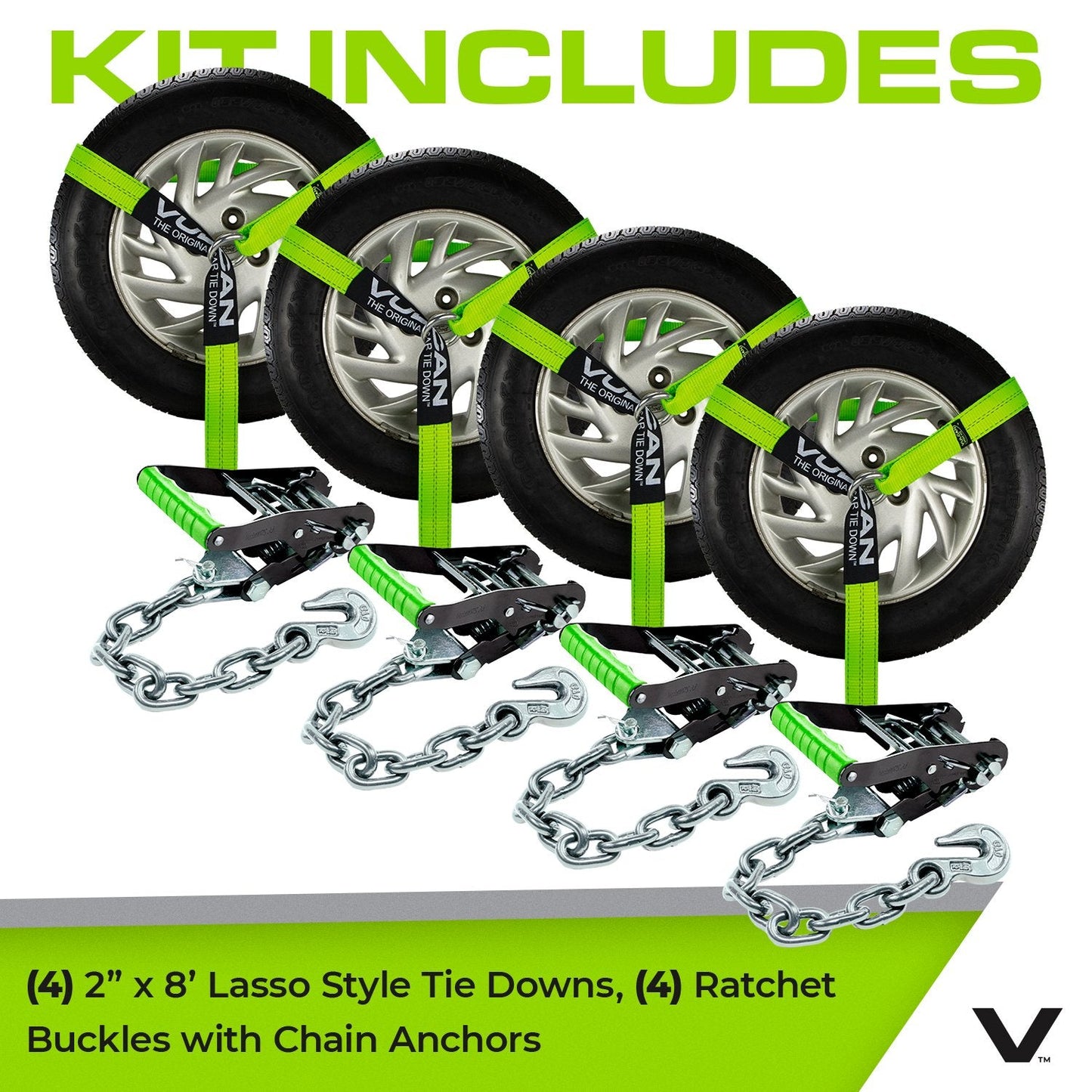 VULCAN Car Tie Down with Chain Anchors - Lasso Style - 2 Inch x 96 Inch - 3,300 Pound Safe Working Load