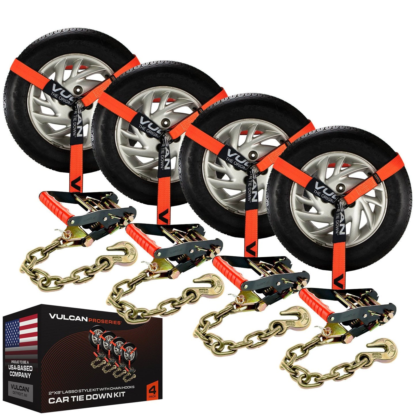 VULCAN Car Tie Down with Chain Anchors - Lasso Style - 2 Inch x 96 Inch - 3,300 Pound Safe Working Load