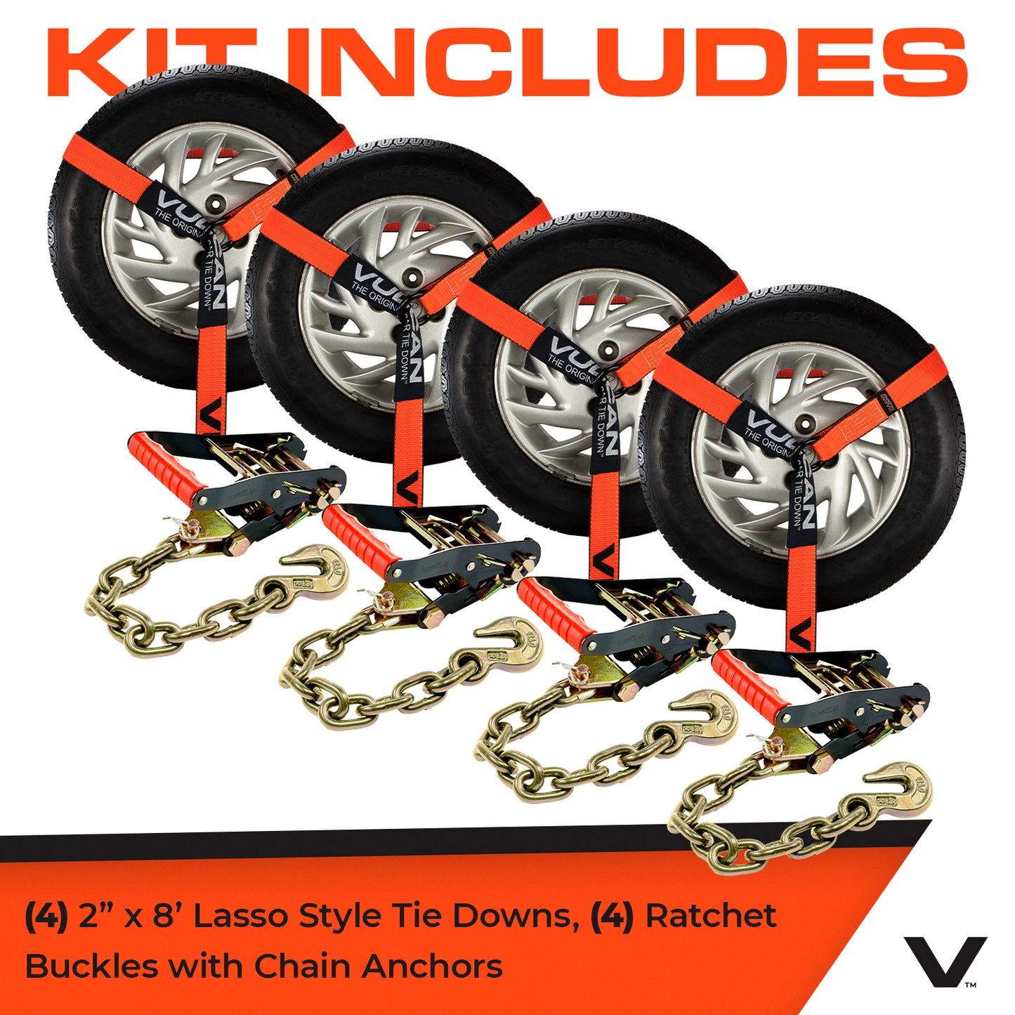 VULCAN Car Tie Down with Chain Anchors - Lasso Style - 2 Inch x 96 Inch - 4 Pack - PROSeries - 3,300 Pound Safe Working Load