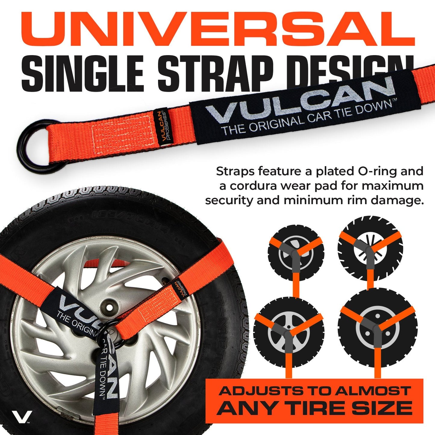 VULCAN Car Tie Down with Chain Anchors - Lasso Style - 2 Inch x 96 Inch - 3,300 Pound Safe Working Load