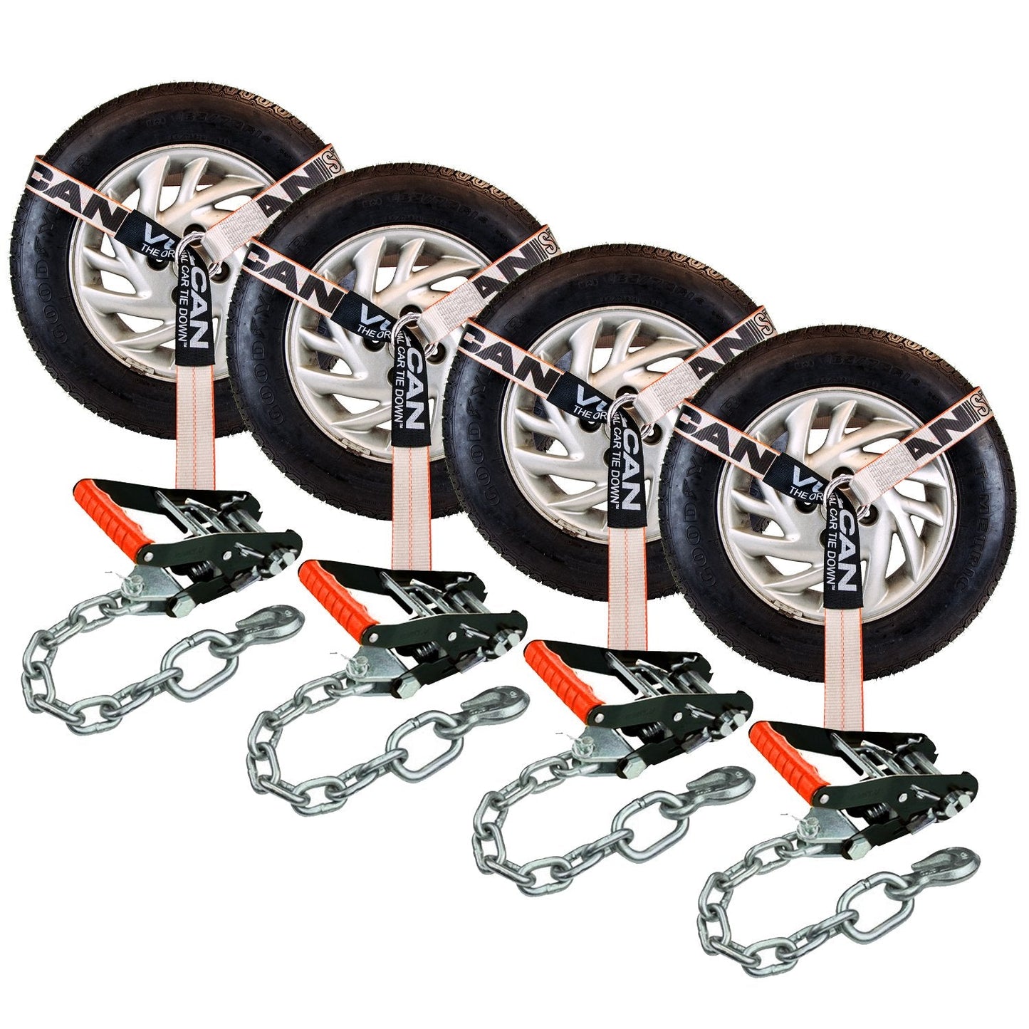 VULCAN Car Tie Down with Chain Anchors - Lasso Style - 2 Inch x 96 Inch - 3,300 Pound Safe Working Load