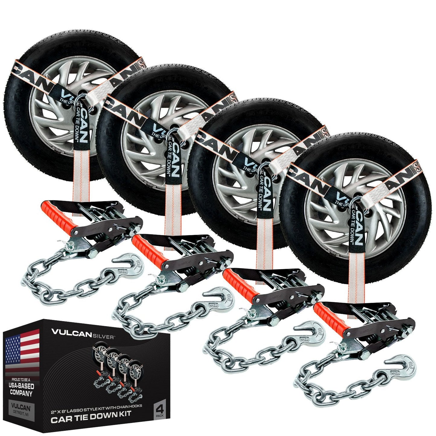 VULCAN Car Tie Down with Chain Anchors - Lasso Style - 2 Inch x 96 Inch - 3,300 Pound Safe Working Load
