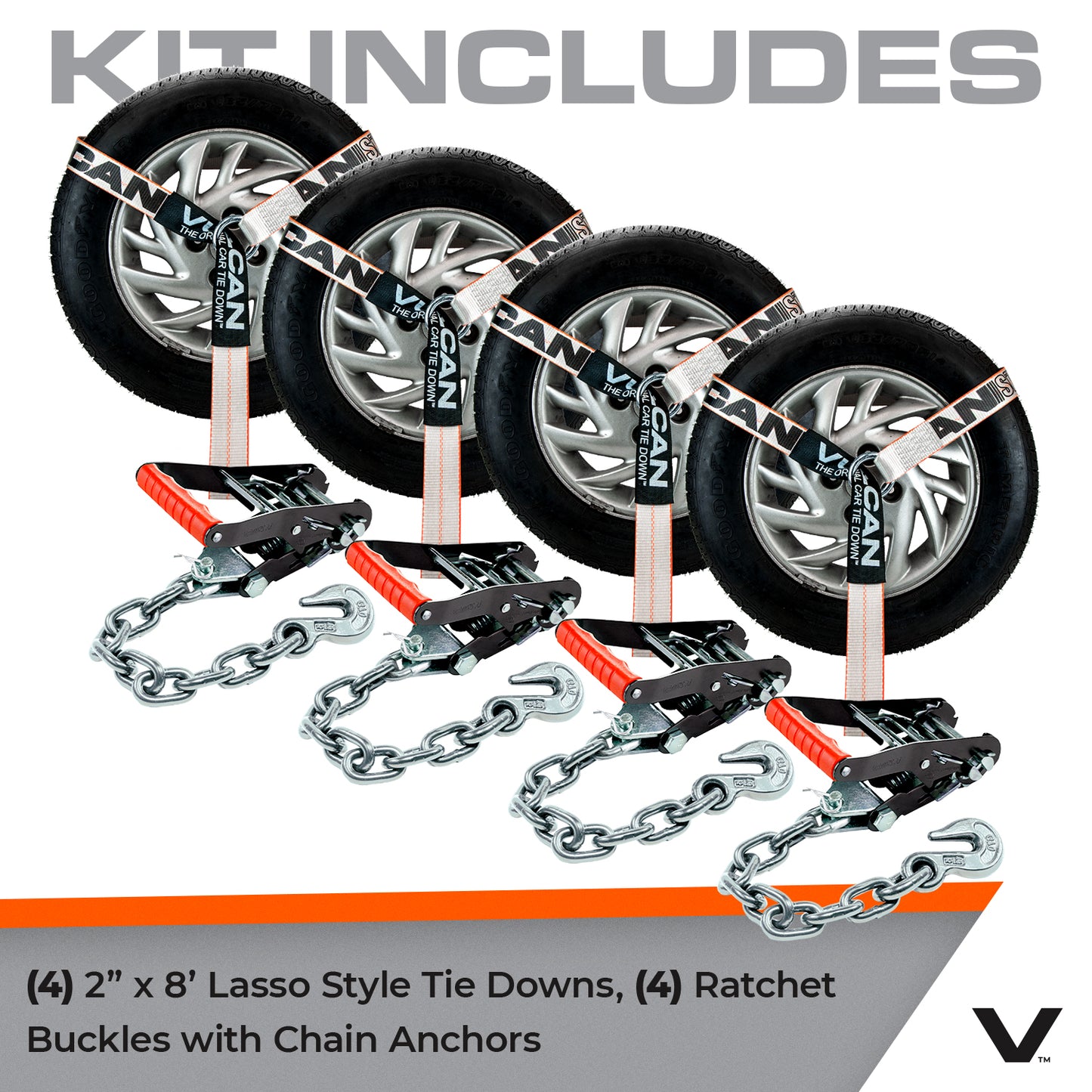 VULCAN Car Tie Down with Chain Anchors - Lasso Style - 2 Inch x 96 Inch - 4 Pack - Silver Series - 3,300 Pound Safe Working Load