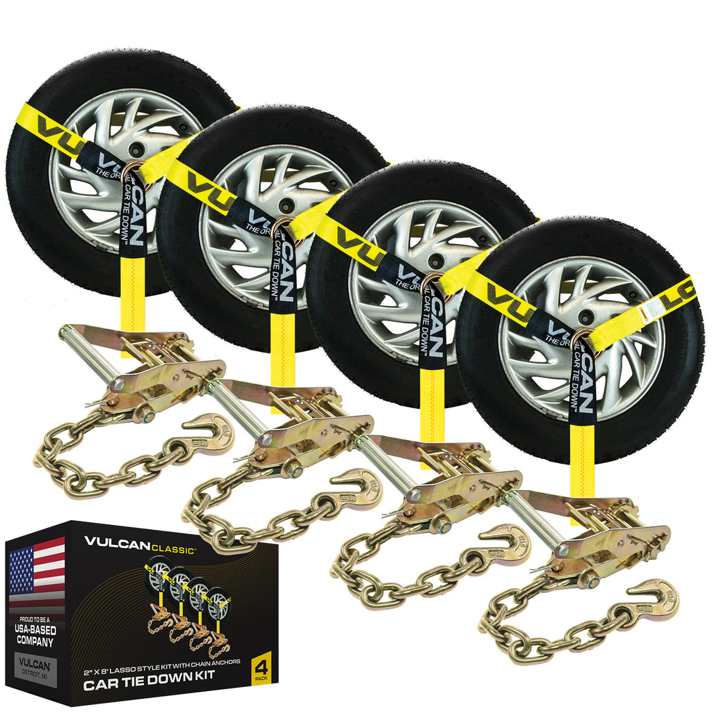 VULCAN Car Tie Down with Chain Anchors - Lasso Style - 2 Inch x 96 Inch - 4 Pack - Classic Yellow - 3,300 Pound Safe Working Load