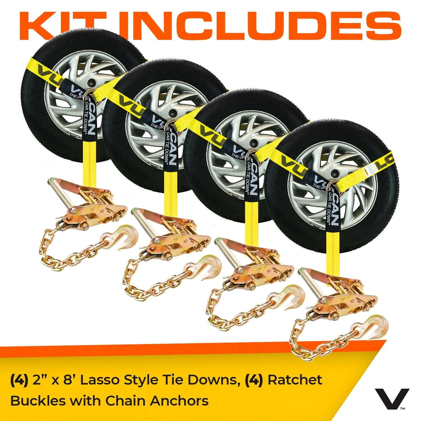 VULCAN Car Tie Down with Chain Anchors - Lasso Style - 2 Inch x 96 Inch - 3,300 Pound Safe Working Load