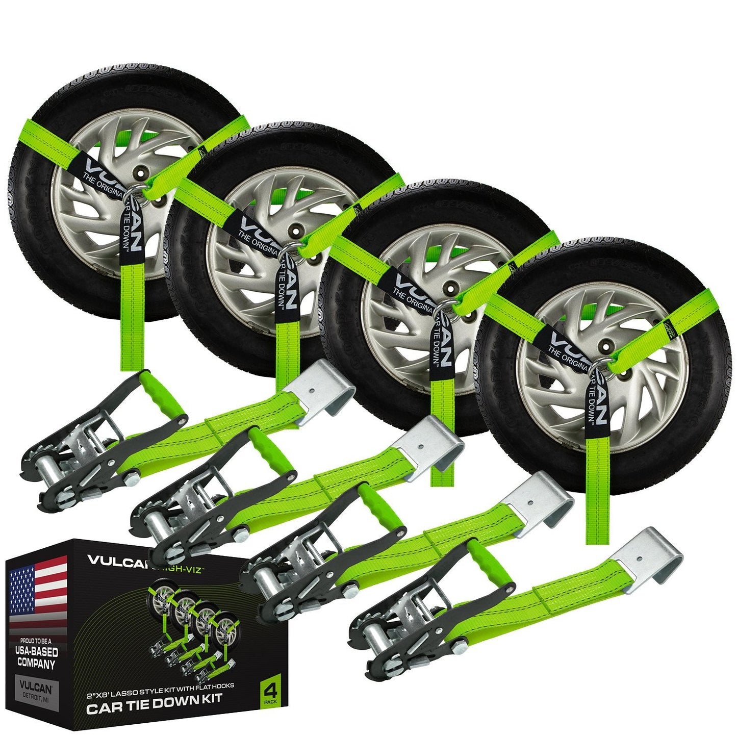 VULCAN Car Tie Down - Flat Hooks - Lasso Style - 2 Inch x 96 Inch - 3,300 Pound Safe Working Load