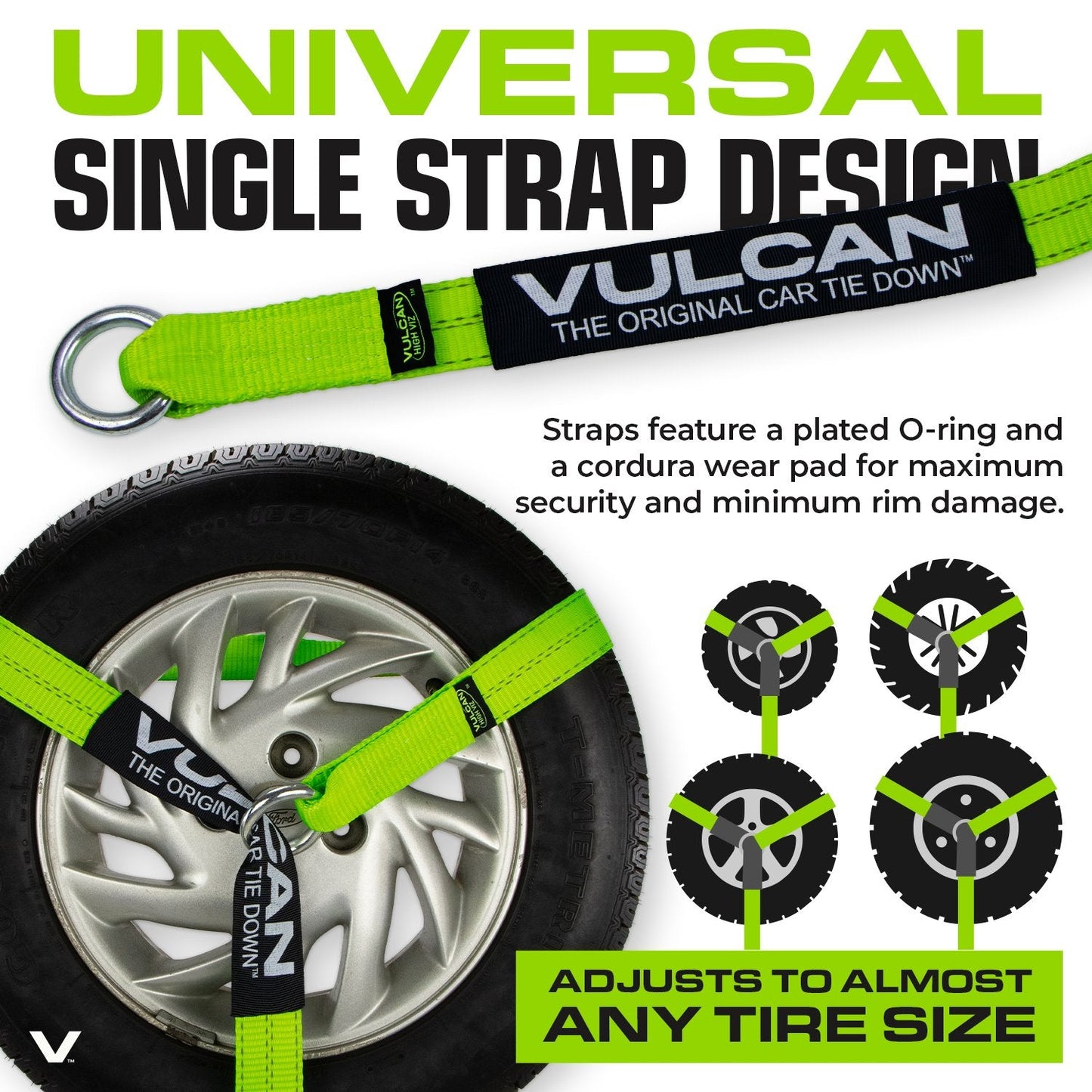 VULCAN Car Tie Down - Flat Hooks - Lasso Style - 2 Inch x 96 Inch - 3,300 Pound Safe Working Load