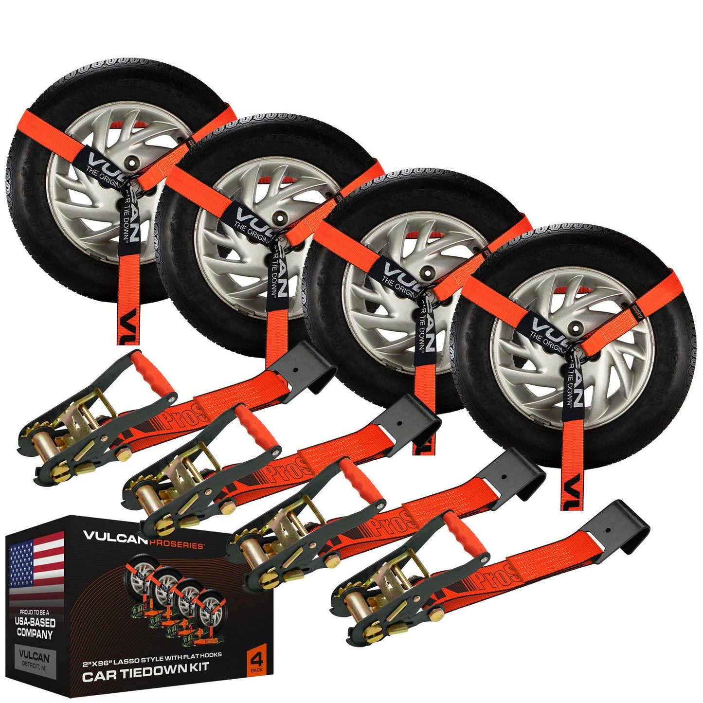 VULCAN Car Tie Down - Flat Hooks - Lasso Style - 2 Inch x 96 Inch - 3,300 Pound Safe Working Load