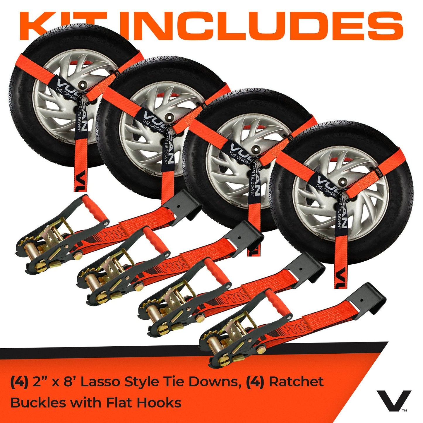 VULCAN Car Tie Down with Flat Hooks - Lasso Style - 2 Inch x 96 Inch - 4 Pack - PROSeries - 3,300 Pound Safe Working Load