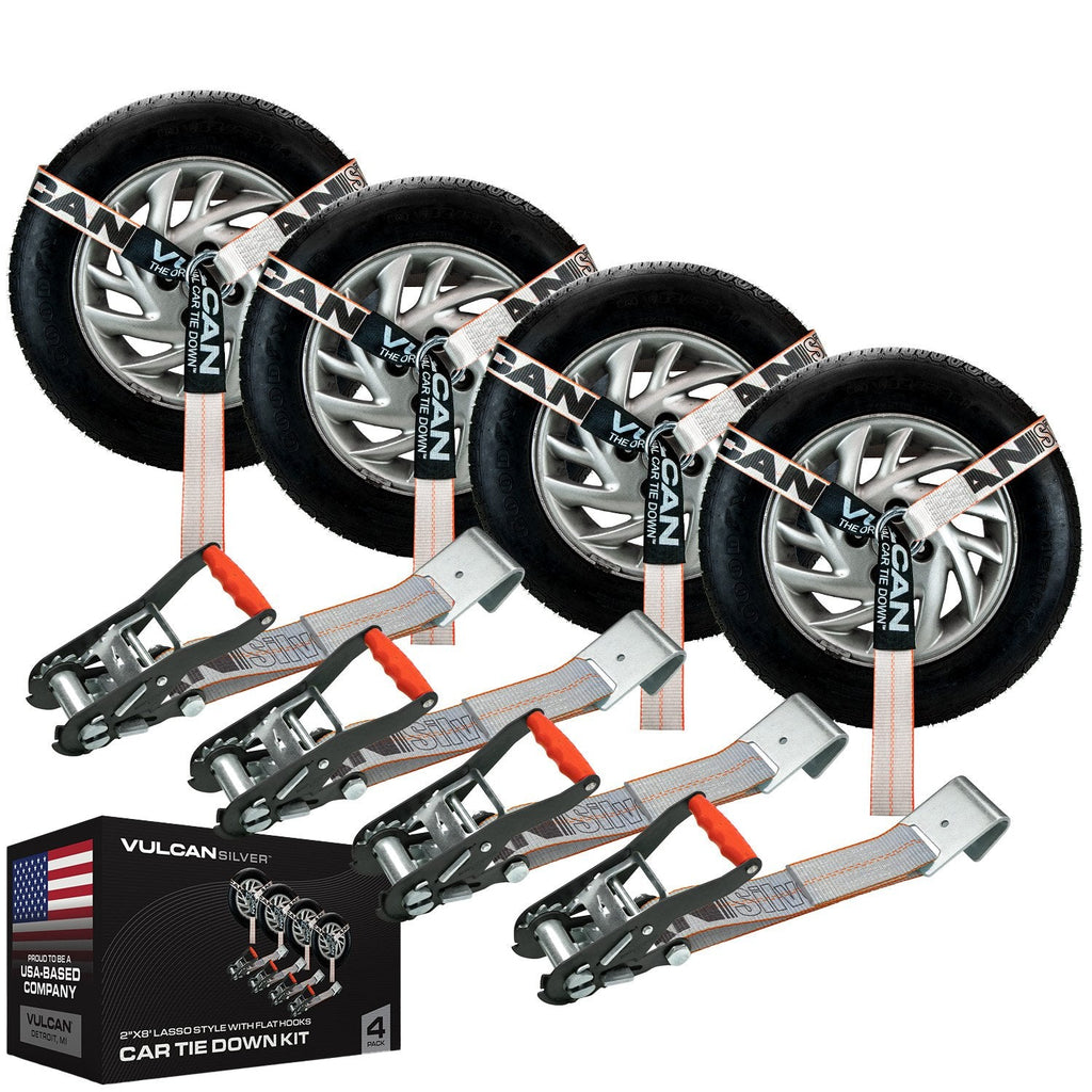 VULCAN Car Tie Down - Flat Hooks - Lasso Style - 2 Inch x 96 Inch - 3,300 Pound Safe Working Load
