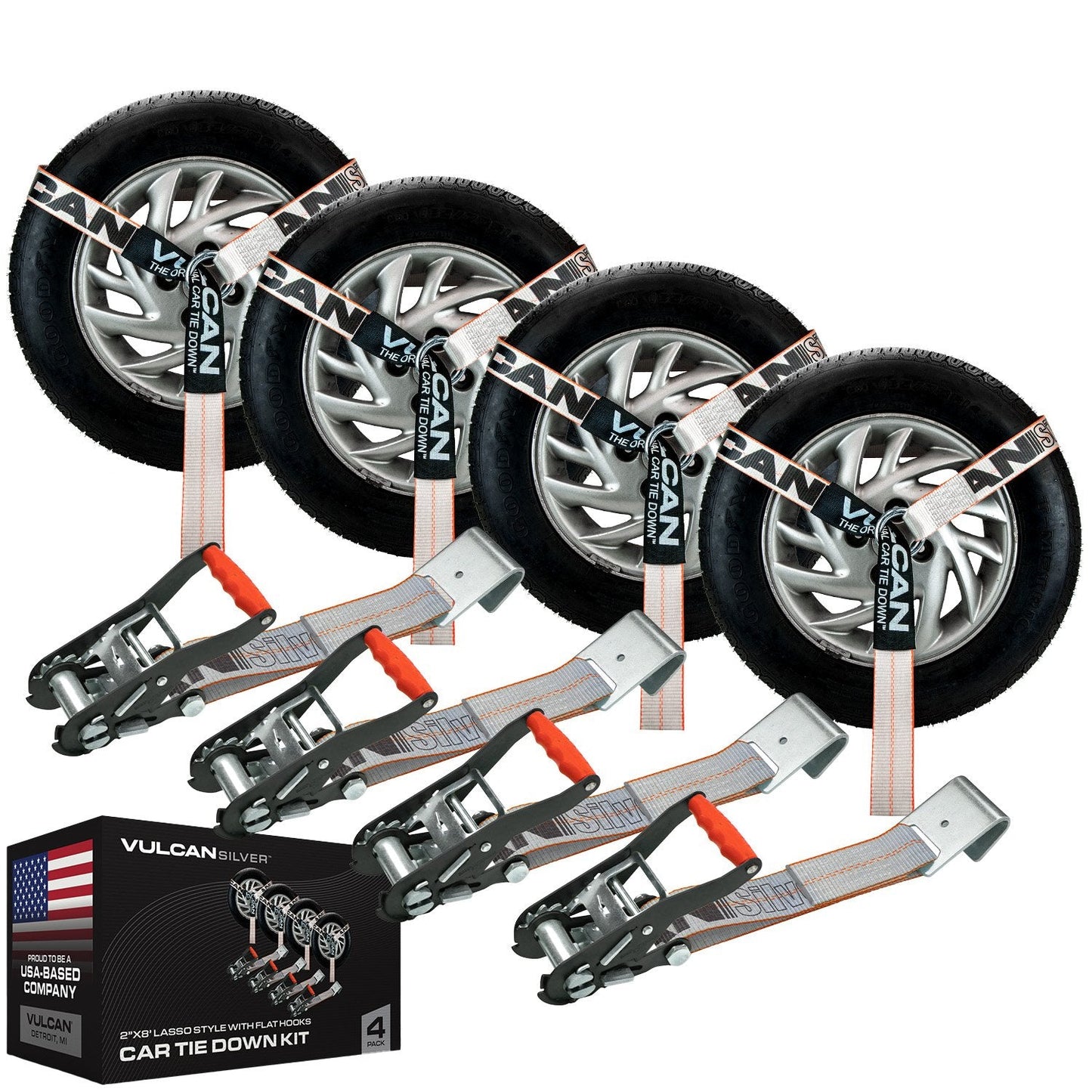 VULCAN Car Tie Down - Flat Hooks - Lasso Style - 2 Inch x 96 Inch - 3,300 Pound Safe Working Load
