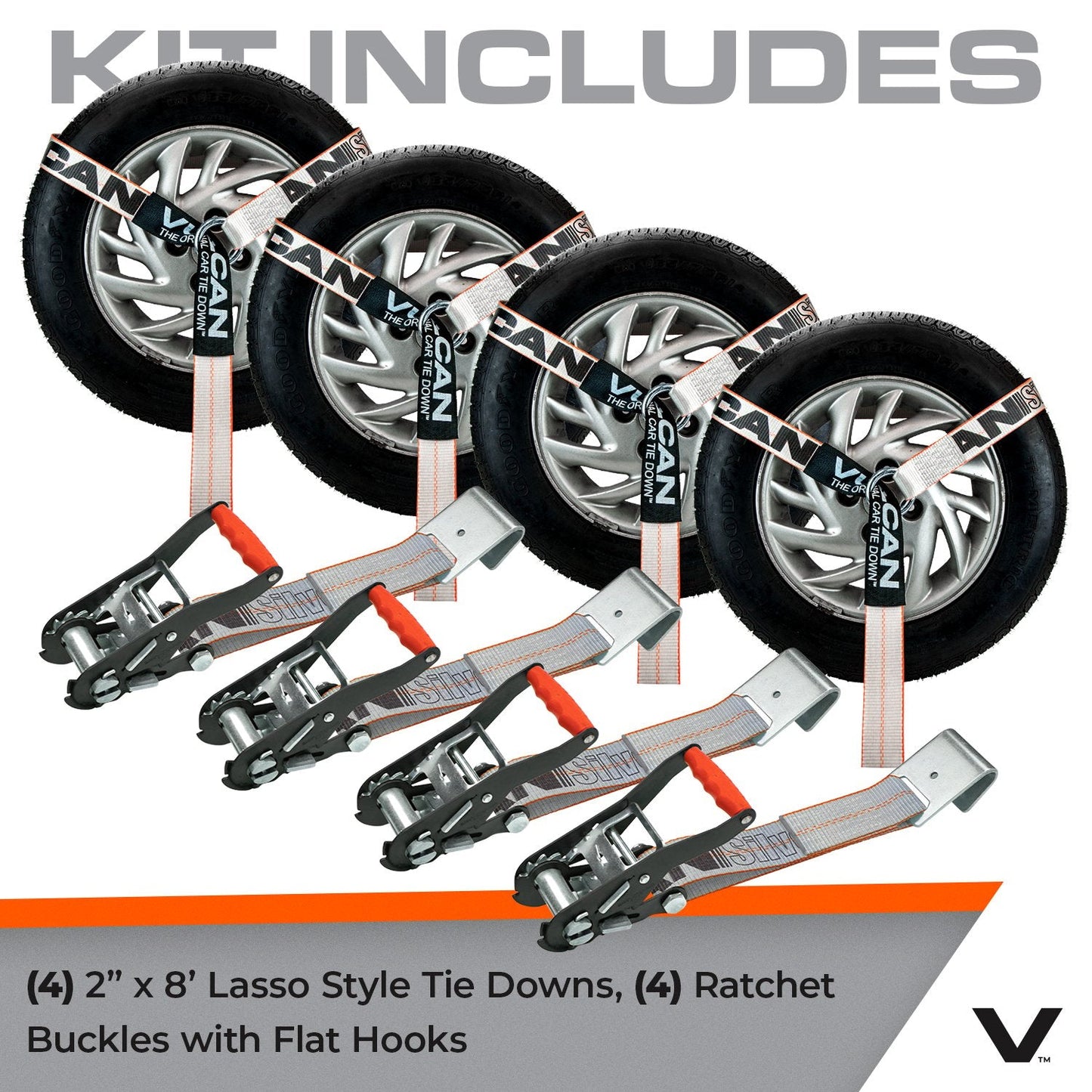 VULCAN Car Tie Down - Flat Hooks - Lasso Style - 2 Inch x 96 Inch - 3,300 Pound Safe Working Load