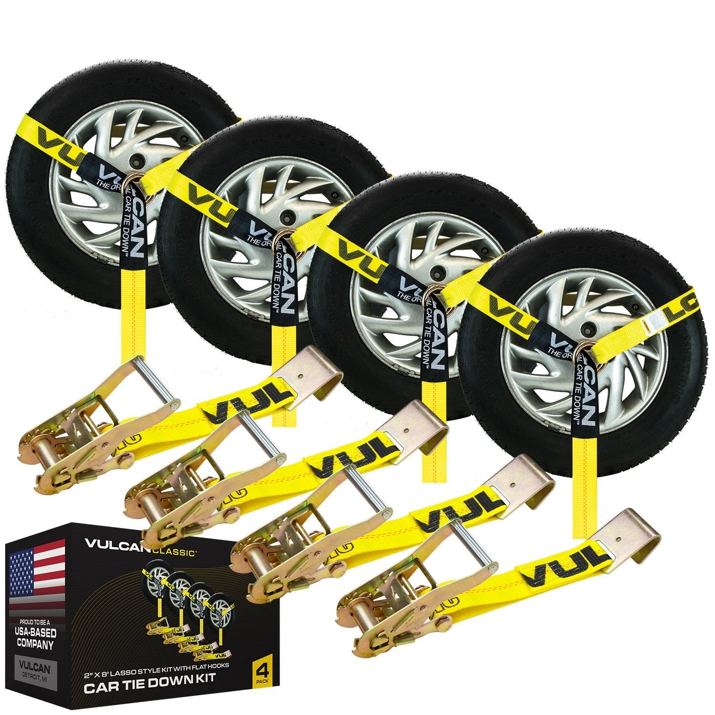 VULCAN Car Tie Down - Flat Hooks - Lasso Style - 2 Inch x 96 Inch - 3,300 Pound Safe Working Load