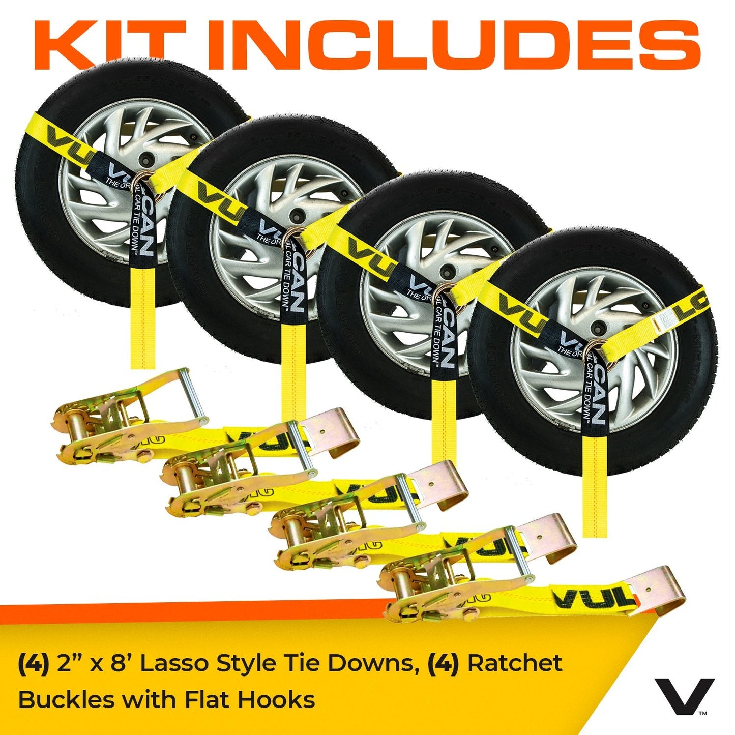 VULCAN Car Tie Down - Flat Hooks - Lasso Style - 2 Inch x 96 Inch - 3,300 Pound Safe Working Load